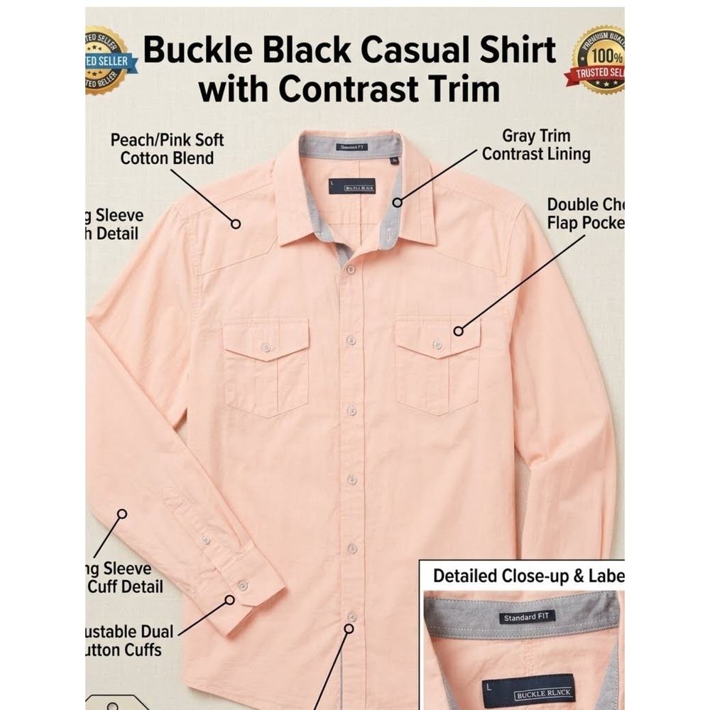 Buckle Black Mens Peach Stripe Contrast Trim Casual Button Down Shirt Large